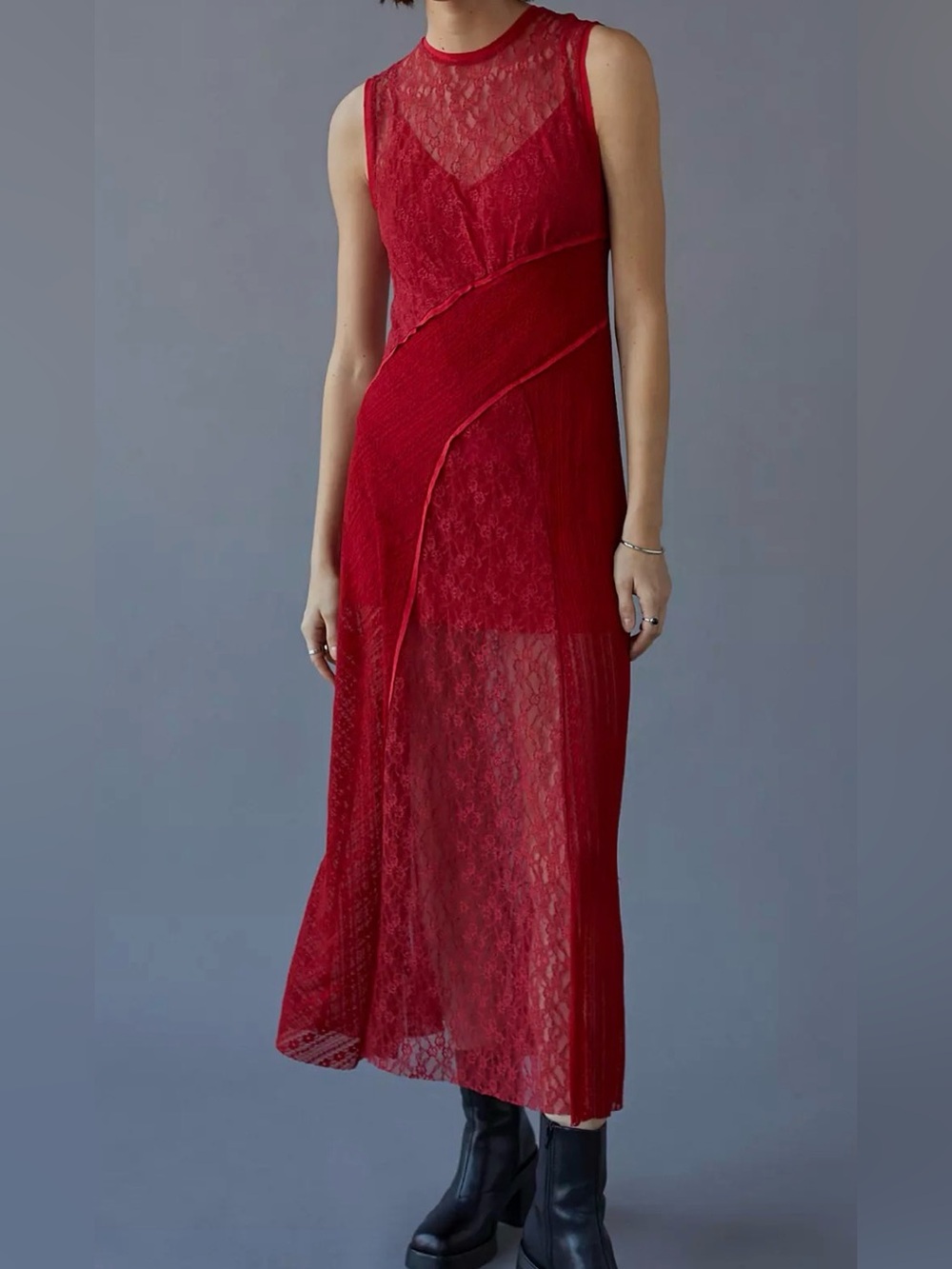 Urban Outfitters Maxine Knit Lace Midi Dress in Red Lace Midi Dress